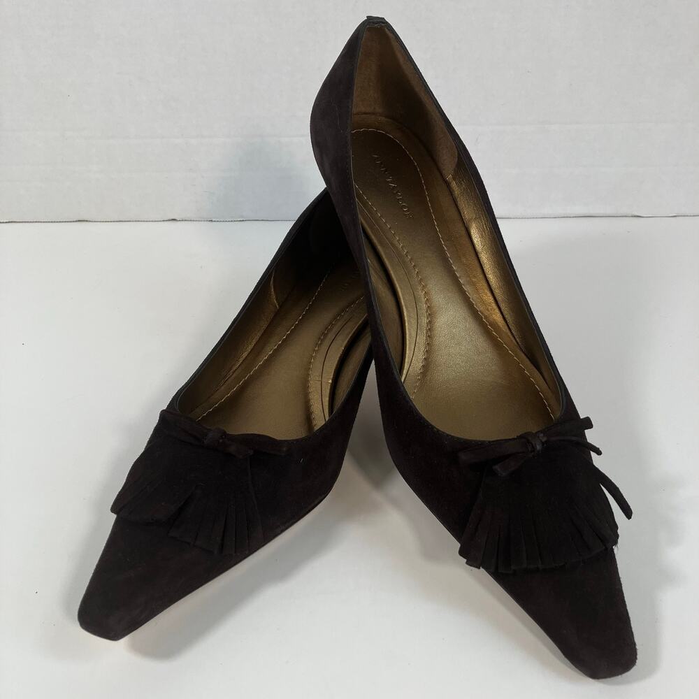 Ann Taylor Sz 9 Dark Brown Suede Kitten Heel Pumps Bow & Fring Detail Elegant